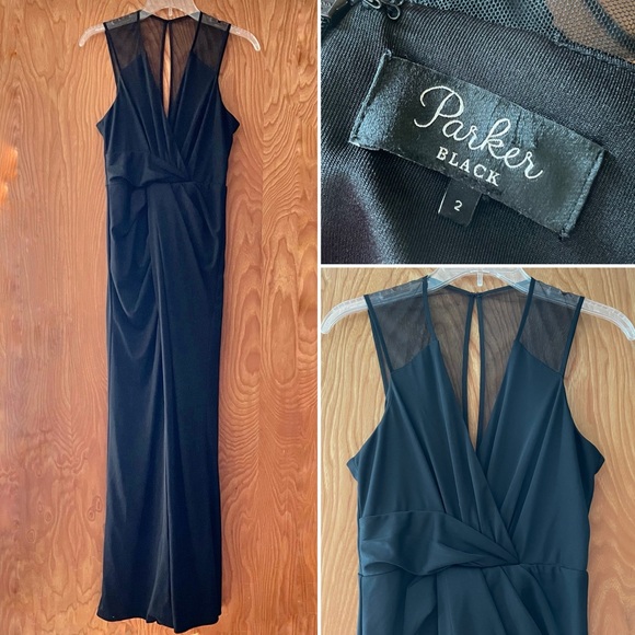 Parker Dresses & Skirts - Parker Black evening gown, black sheath, mesh straps, front slit, size 2